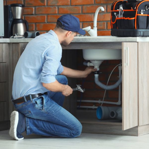 plumber inspecting sink pipes