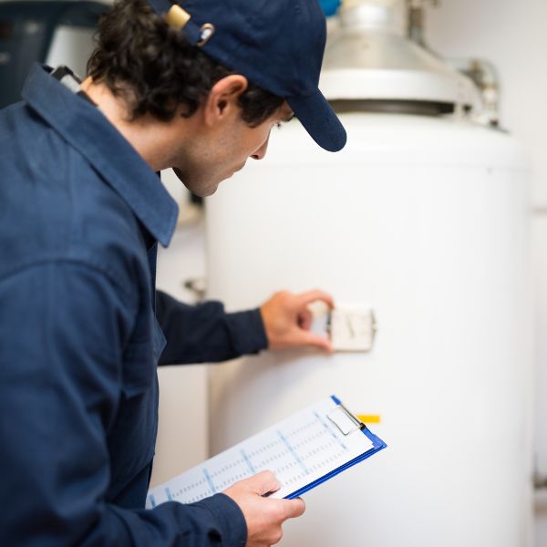 plumber inspecting water heater