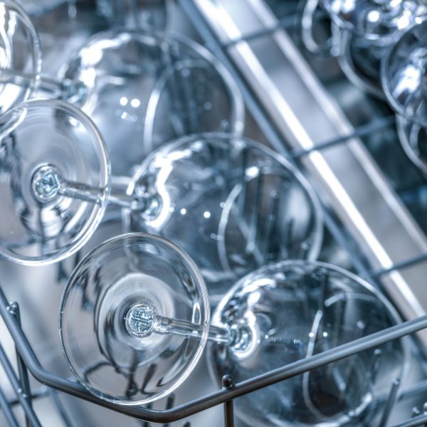 A dish rack in a dishwasher full of wine glasses